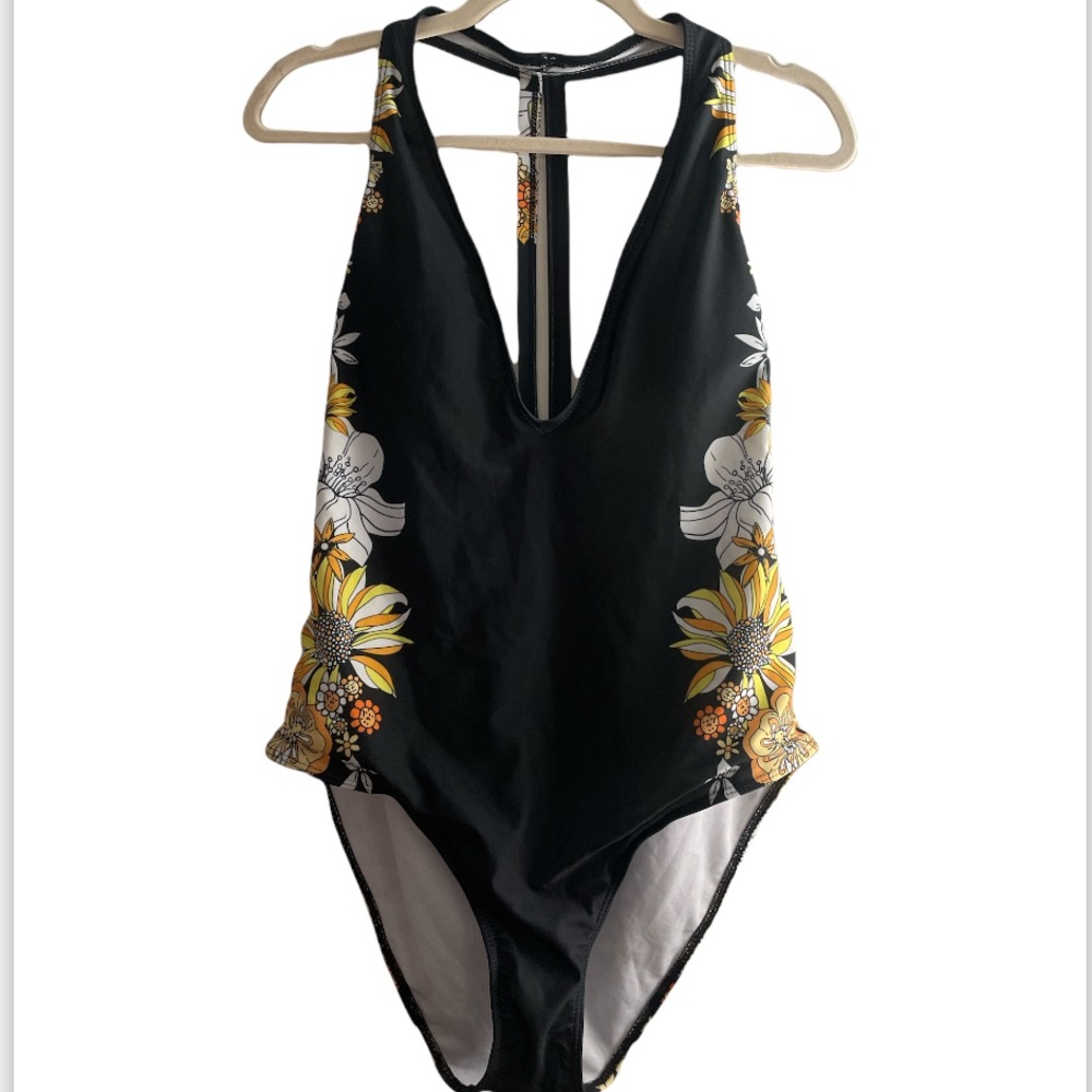 Black one piece bathing suit with flowers